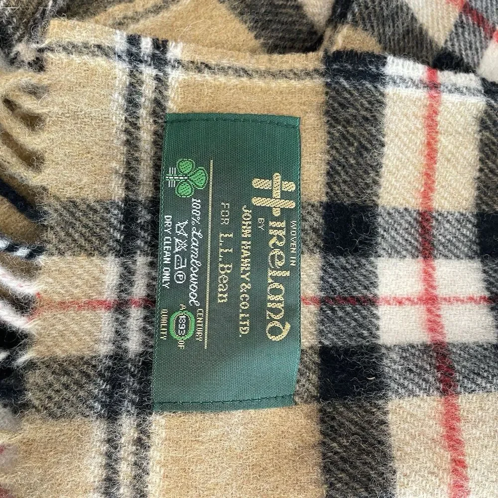 John Hanly for LL Bean 100% Lambswool Scarf Made in Ireland Tartan Plaid